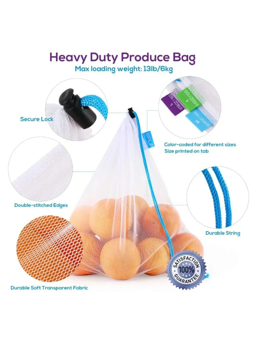 12pc Reusable Mesh Produce Bags Drawstring Polyester Food Storage